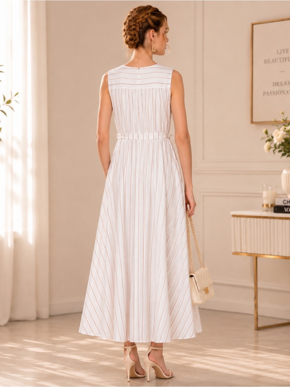 Calvin Klein Cream and White Striped Wrap Midi Dress - Picture 5 of 9